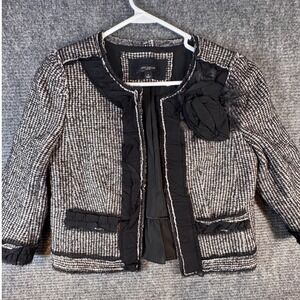 Ann Taylor‎ Tweed Jacket Black White Houndstooth Ruffle Flower  Women's Size 6